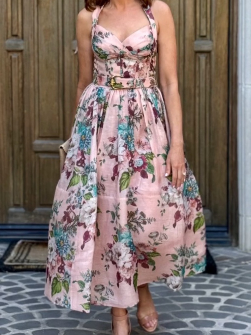 Zimmermann Matchmaker Pink Floral Silk Linen Tie Midi Dress - Picture 4 of 16